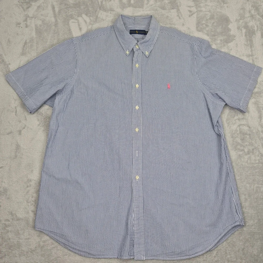 Ralph Lauren Short Sleeve Mens XXL Blue White Striped Seersucker Shirt Pink Pony